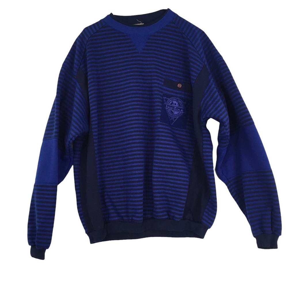 Bonjour Mens Vintage 80's Pull On Purple Striped Sweatshirt, L